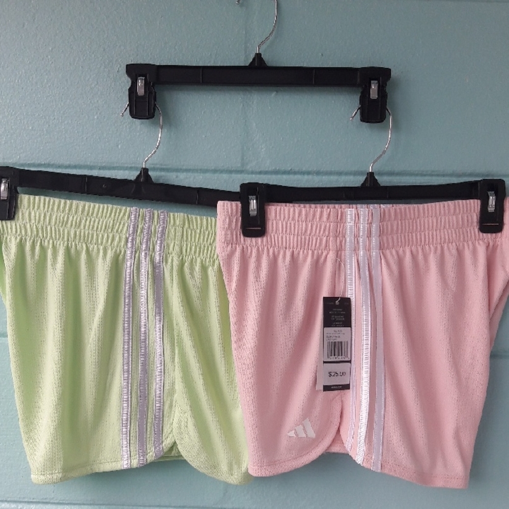 NWT "Adidas" (Set of 2) Lt. Pink & Lt. Green Shorts Girls Size XL (16)
